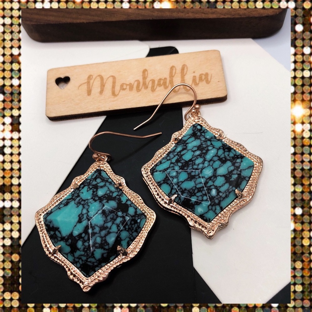 NEW ROSE GOLD BLUE TURQUOISE HOWLITE STONE MARBLED GRANITE EARRINGS - Picture 3 of 5